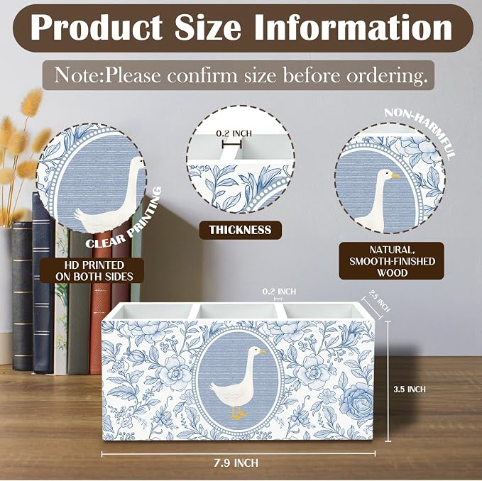 Chinoiserie Goose Flower Pen Holder for Desk, Blue and White Floral Pencil Organizer, Grandmillennial Goose Wooden Box Sign Desk Decor for Girl Nursery Home Office Decoration