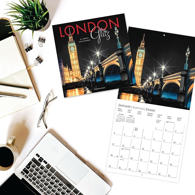 Graphique 2026 London Glitz Mini Wall Calendar | 7” x 7” | Thick Paper | Home & Office Organizer | Large Monthly Grid | 3 Languages & Marked Holidays | 4 Month Preview Page for 2027