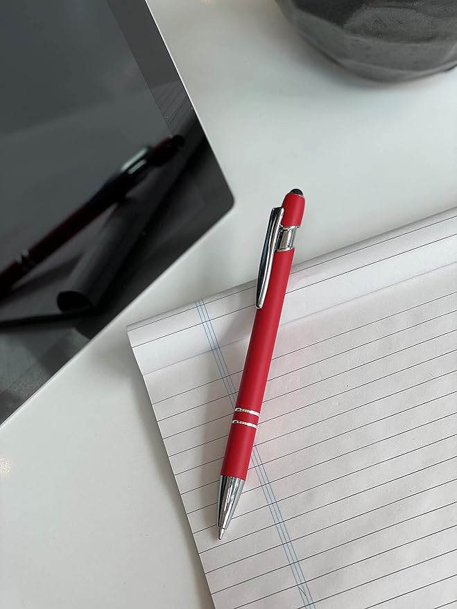 Pack of 5 Rubberized Comfort Soft Touch 2 in 1 Ballpoint Pen Capacitive Stylus Tip, Premium Metal Medium Point, Black Ink, Compatible with Most Touch Screens (Red)