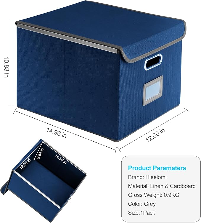 Hleelomi Collapsible File Box with Lid & Plastic Slide - Hanging Document Organizer for Office/Home, 14.96x12.6x10.83 Inch,Decorative Home File Bin,Blue, 1 Pack (No Folders Included)