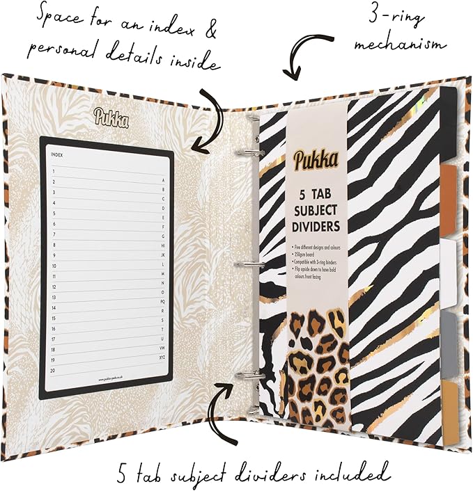 Pukka Pad, Wild A4 Preloaded 3-Ring Binder – Includes Personal Details and Planner Pages – Comes Preloaded with 5-Part Dividers – Standard 3-Ring Mechanism - Leopard