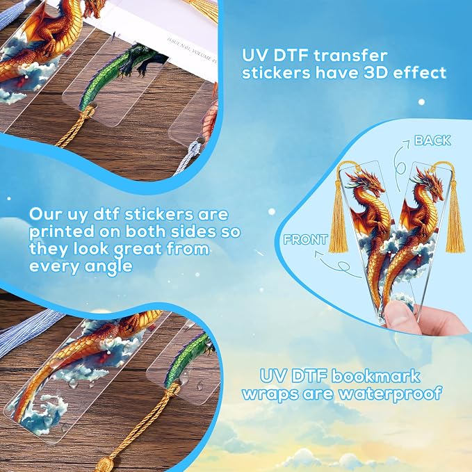 UV DTF Bookmark Wraps - 24 Sheets Dragon UVDTF Decals for Acrylic Bookmark Blanks, Double-Sided Printing Rub on Transfer Stickers, UV DTF Stickers for Dragon Lovers Adults DIY Crafts
