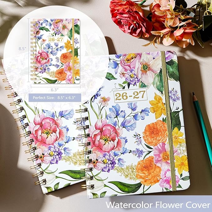 Planner 2026-2027 - Academic Planner 2026-2027, July 2026 - June 2027 Planner Weekly and Monthly Academic Year Planner Calendar, 8.4" x 6.3"，Colorful Tabs, Elastic Closure, Back Pocket, Floral