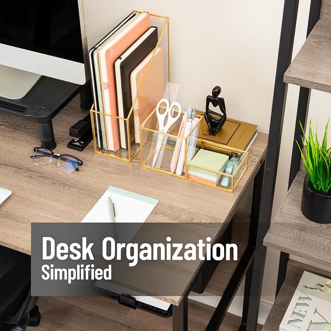 Mind Reader 2-Compartment Glass Catch-All Tray with Copper Trim, Desk Accessory Organizer for Office Supplies, Keys & Small Items, Glass and Copper, Clear