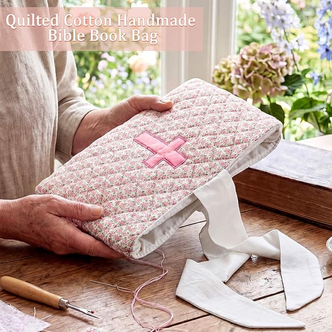 Honoson Quilted Bow Bible Sleeve Cover Case Padded Protector Washable Bible Bag Pouch Christian Gift for Women Girls Book Lover Gifts(Pink Floral Cross)