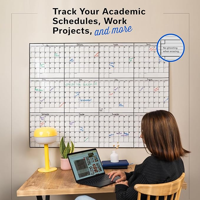 Yearly Large Dry Erase Calendar Wall Planner, 36x48, 12 Month Undated Reusable Laminated Wall Calendar, Blank Erasable Task Organizer with Notes for Office, Classroom & Home