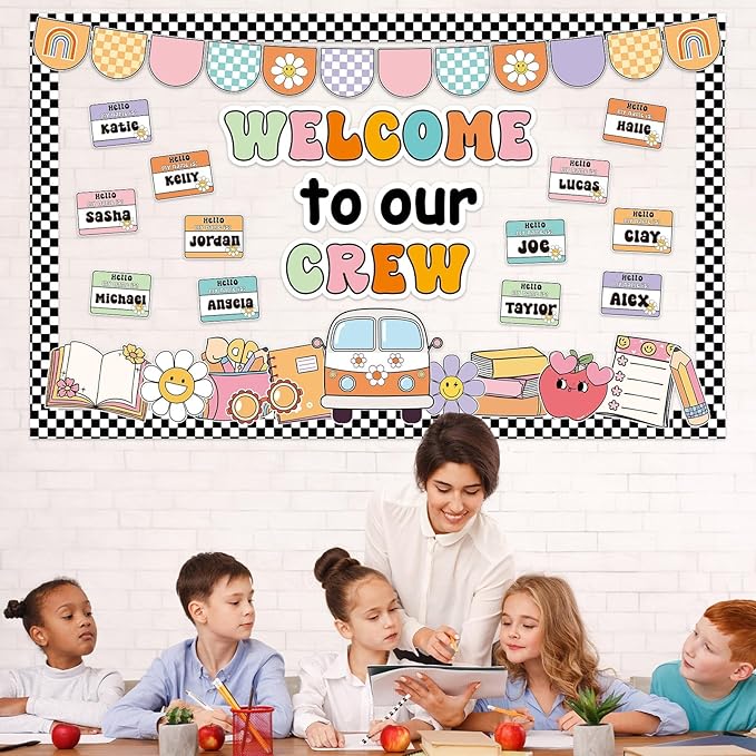 Groovy Back to School Bulletin Board Decorations Welcome to Our Crew Classroom Bulletin Board Border Set Retro Groovy Daisy Hippie Paper Cutouts Preschool Chalkboard Wall Decor