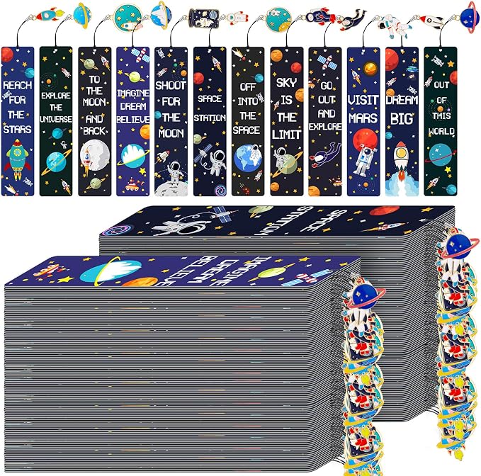 288 Pack Space Bookmarks Bulk for Kids, Outer Space Themed Party Favors, Astronaut Rocket Planet Galaxy Theme Birthday Party Favors, Bookmarks with Metal Charms for Boys Girls, Classroom Rewards Gifts