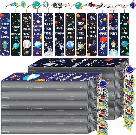 288 Pack Space Bookmarks Bulk for Kids, Outer Space Themed Party Favors, Astronaut Rocket Planet Galaxy Theme Birthday Party Favors, Bookmarks with Metal Charms for Boys Girls, Classroom Rewards Gifts