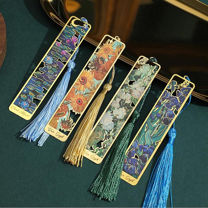 4 Pieces Metal Bookmark with Tassel,Cute Bookmarks Oil Painting Theme Aesthetic Bookmark Golden Van Gogh Book Marks for Women Man Book Lovers Writers Reader Adult Children Teens