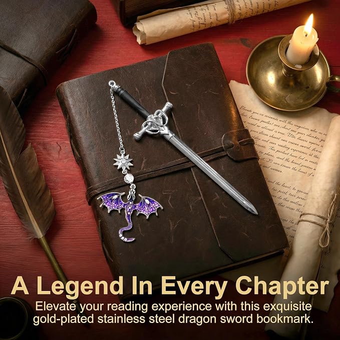 Fourth Wing Dragon Bookmarks,Fantasy Sword Bookmark,Metal Book Markers with Dragon Pendant, Cool Gifts for Men Boys Readers, Perfect Birthday Graduation Presents for Book Lovers (Green&Purple)