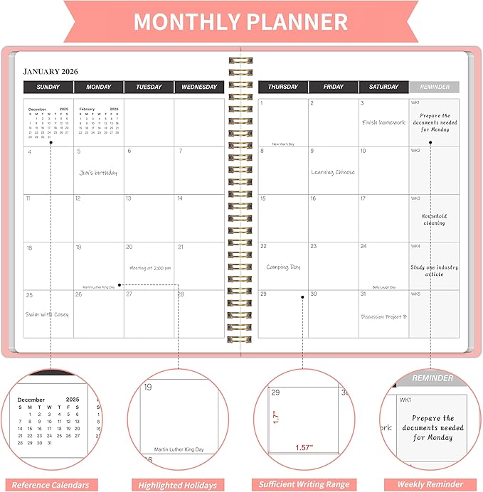KMQOY Monthly Planner 2026-2027, 2026 Calendar 24 Months Planner, Jan 2026 - Dec 2027, 7.5"x10", Personal Calendar with Monthly Goals, To-Do List, Habit Tracker, 2 years for School Office Home Planning(Pink)