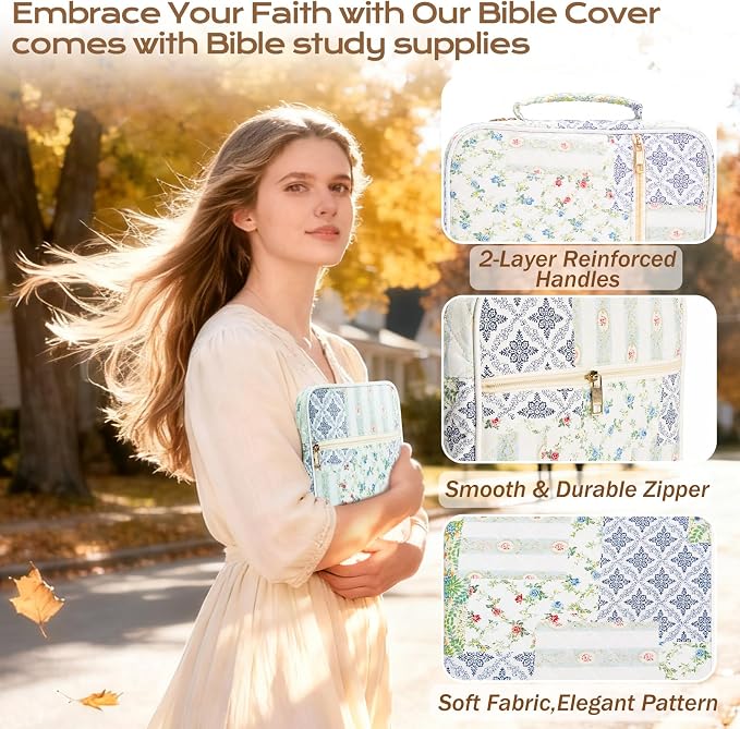 XKDOUS Bible Cover for Women Church Book Holder Quilted Carrying Case with Handle, Tabs, Study Supplies Portable Bible Bag Journaling Kit Christian Gifts for Mom Lady