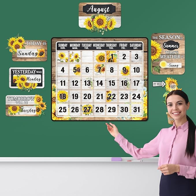 Cholemy 85 Pcs Calendar Bulletin Board Set Classroom Calendar Bulletin Board with Numbers Month Weather Classroom Decoration Wall Decor for Chalkboard Back to School Supplies(Sunflower)
