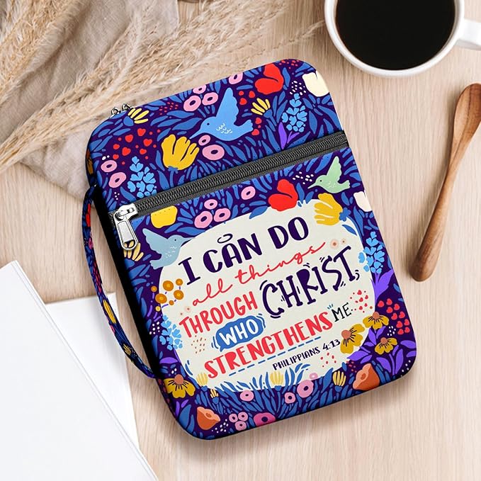 I Can Do All Things Bible Cover for Women with Handle and Zipper Pocket, Inspirational Floral Bible Case, Fits Standard Size Bible, Christian Gift for Girls, Church Use and Study