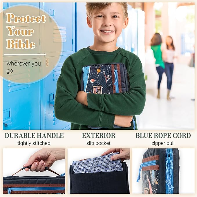 Christian Art Gifts Fashion Polyester Bible Cover for Boys & Girls: Be Strong Inspirational Scripture, Blue Multicolor Outer Space Travel Theme, Sturdy Pockets, Zippered, Pen Loops, Easy Carry, Medium