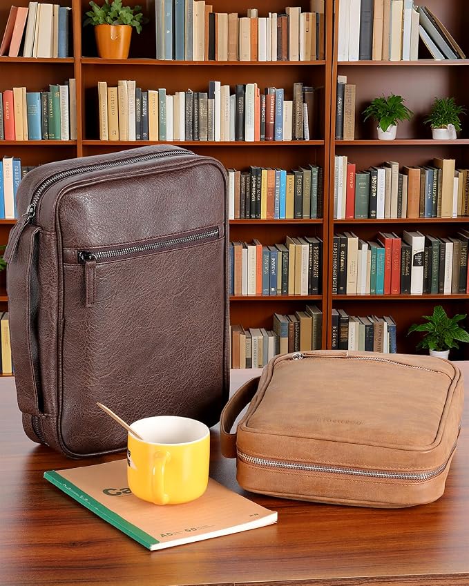 Bible Case for Men, Vegan Leather Bible Cover with Durable Handle and Zippered Pocket, Carrying Bag for Church and Prayer Meetings, Father's Day Christian Gift for Dad