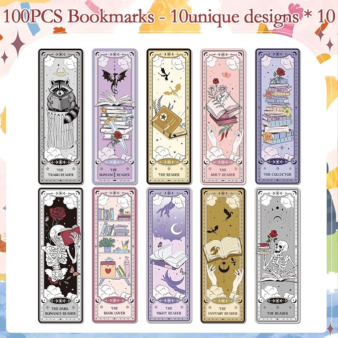 Tarot Bookmarks Gifts for Book Lovers - Cosmisun 100 Pcs Dark Romance Bookmarks Fantasy Skull Dragon Double-Sided Book Mark Page Markers Clip for Women Men Students Teachers Bookish Reading