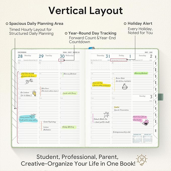 Planner 2026-2027 Weekly & Monthly Planner with Hourly Time Slots, 18 Month Academic Calendar July 2026 – Dec 2027, Vertical Layout, Monthly Tabs, Textured Fabric Hardcover, Green