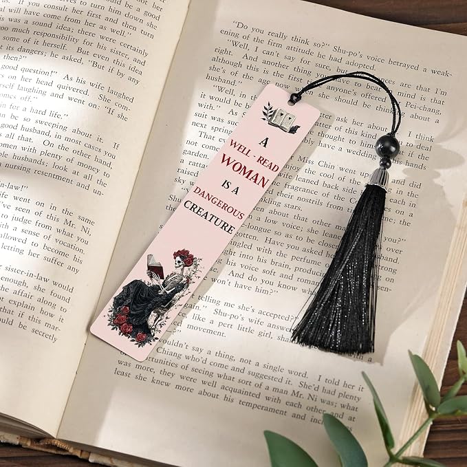 Dark Romance Merch Bookmark - Inspirational Reading List Book Mark Funny Personalized Unique Skeleton Rose Aesthetic Metal Page Maker Tassel Gift for Women Adults Bookish Bookworm Birthday
