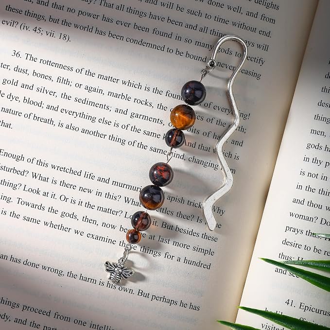 Vintage Metal Bee Bookmark Pendant with Natural Crystal Bead Chain–Elegant Bookmarks for Women,Men,Book Lovers,Teachers and Students(Tiger Eye)