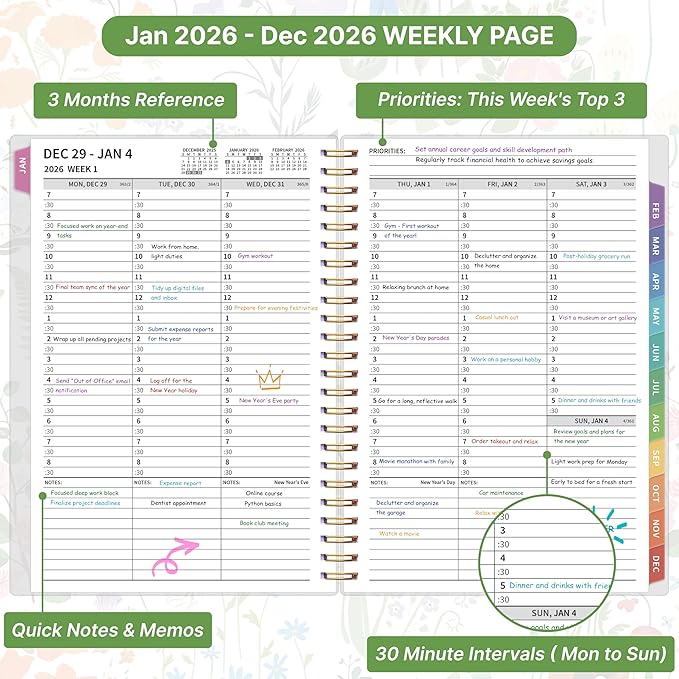 2026 Appointment Book, 30 Minutes-Hourly, Weekly ＆ Monthly Calendar Planner 2026, Jan 2026 - Dec 2026, 6.2'' x 8.4'', 2026 Daily Planner with Tabs ＆Pocket, Flexible Cover, Great for Office, Home, School
