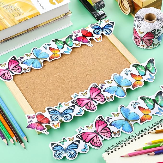 Dispowreath 68. 9 Feet Butterfly Bulletin Board Border Decoration Butterfly Rolled Border Trim for Back to School Bulletin Boards Classroom Chalkboard Wall Spring Home Decor