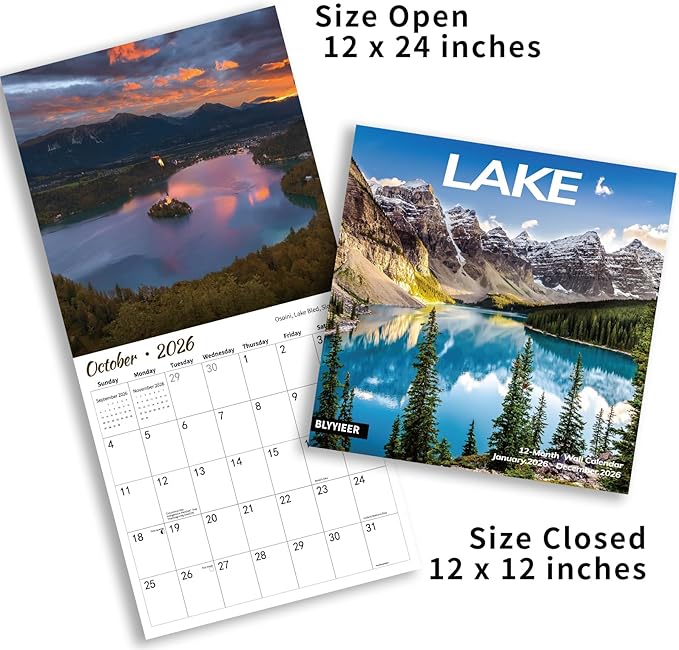 2026 Wall Calendar Lake, 12 Months Hangable Wall Calendars, 12" x 24" (Open), Thick Glossy Paper, Organizing & Planning
