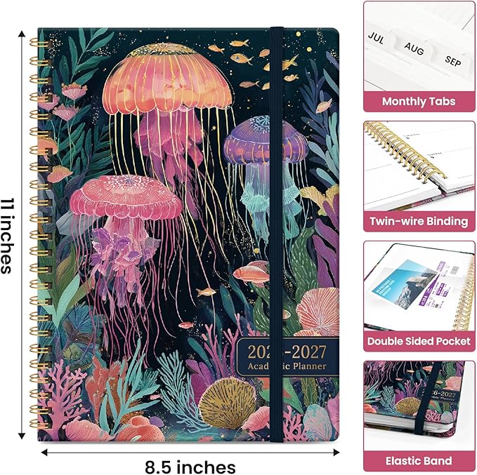 Planner 2026-2027, Academic Year Monthly and Weekly Calendar Planner, Jul 2026 - Jun 2027, Hardcover Teacher Student Planning Agenda book with Tabs, Perfect for School Office Supplies, 8.5" x 11" - Jellyfish