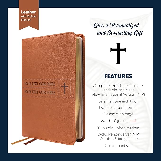 Personalized NIV Small Compact Bible New International Version Faux Leather Holy Bible Small Print with Debossed Custom Name Up to 2 Rows of Text, Gift for Christian & Religious Celebrations, Brown