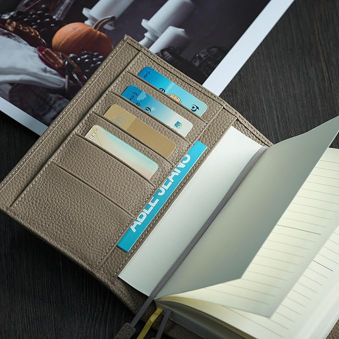 A6 Genuine Leather Techo Notebook Cover Compatible with Hobonichi Original Stalogy Midori MD with 5 Card Slots Pen Loop Bookmarks Back Pocket (Grey)