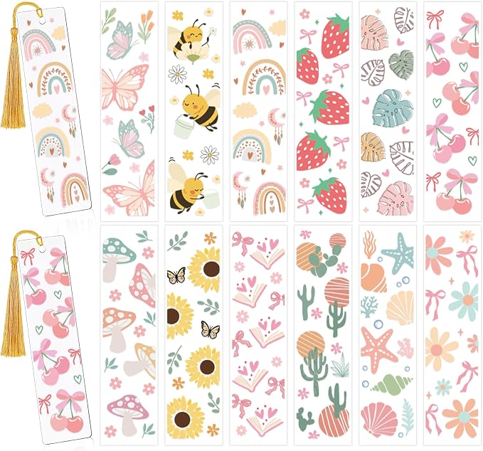 CRASHOT UV DTF Bookmark Wraps - 24 Sheets Boho Acrylic Bookmark Blanks Sticker, Rainbow UV DTF Transfer Stickers, Bee Butterfly Cactus Design for Bookworm DIY Project