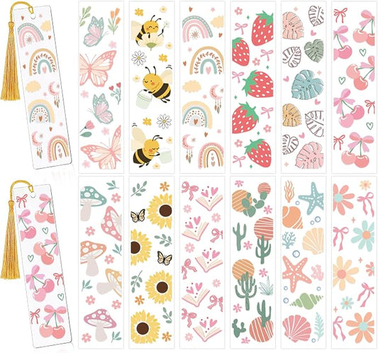 CRASHOT UV DTF Bookmark Wraps - 24 Sheets Boho Acrylic Bookmark Blanks Sticker, Rainbow UV DTF Transfer Stickers, Bee Butterfly Cactus Design for Bookworm DIY Project