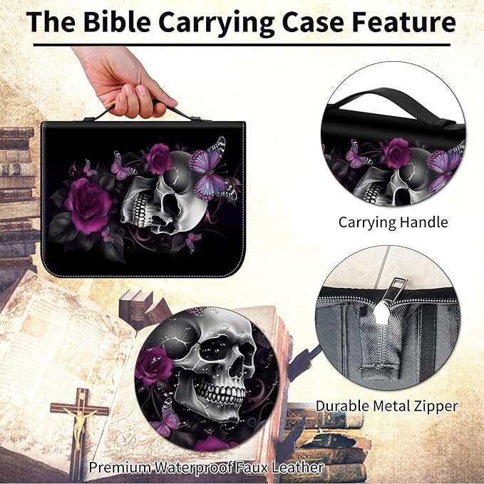 Bible Cover for Men,Large Leather Bible Case Fit Book Up to 11x8x2 Inch,Sugar Skull Butterlies Floral Bible Covers Bible Study Carrier Church Bags w/Handle & Zipper