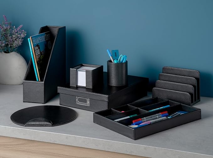 Osco Black Faux Leather Pen Pot, Desk Tidy Pencil Holder, Office Organiser, Makeup Brush Holder, Stationery Storage, Cosmetics Display, Home Office Accessories, Compact Desk Organiser