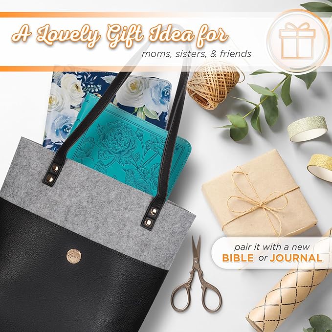 Christian Art Gifts Felt and Faux Leather Fashion Bible Tote Bag for Women: Love Never Fails - 2 Corinthian 13:8 Inspirational Bible Verse, Black and Gray Tote Bag for Travel, Books & School Supplies