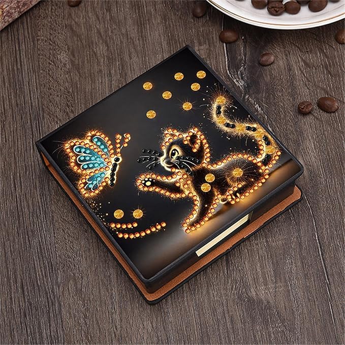 Cat Diamonds Painting Kit Note Box,Animal Memo Paper Storage Box Diamond Art,Sticky Note Holder Diamond Art,Diamond Painting Memo Pad For Office Desk. (Cat)