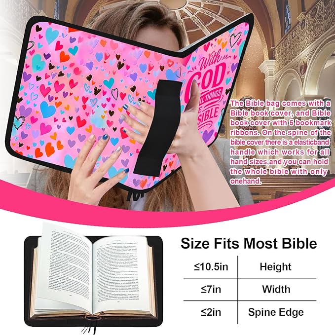 Large Bible Cover for Women,Bible Carrying Case,Bible Bag for Girl Kid,Heart Bible Holder Organizer,With God All Things Are Possible,Bible Study Supplie Kit With Highlighters,Tabs,Pens,Christian Gifts