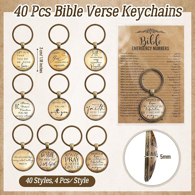 Tondiamo 40 Set Christian Fathers Day Keychain Gifts Bulk Bible Verse Religious Keychain Inspirational Keyring with Emergency Numbers Bookmarks Gifts for Graduation Stuffers Church Sunday School