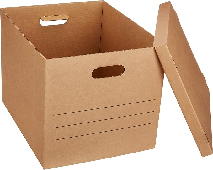 Amazon Basics Moving and Storage Boxes with Handles and Lift-Off Lids, Medium, 19" x 14.5" x 15.5", Brown, 10-Pack