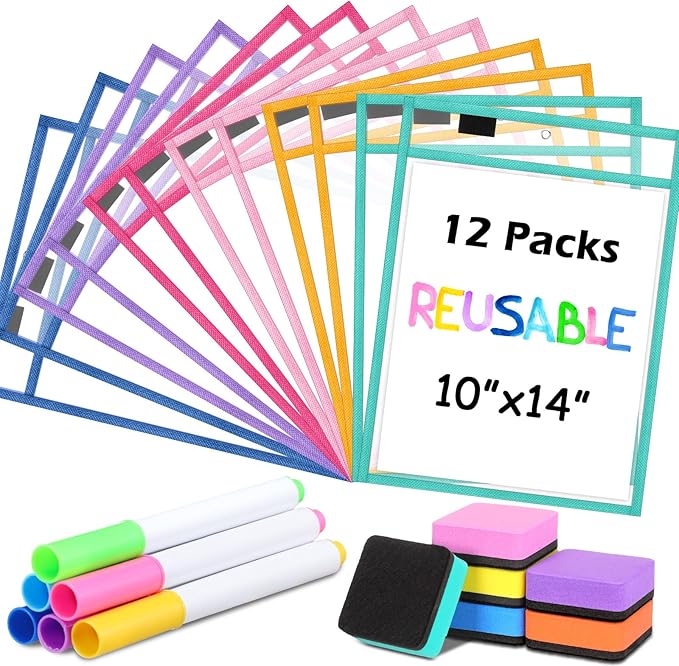 24 Pcs Dry Erase Pocket Reusable Sleeves 10" x 14" Clear Plastic Sheet Protectors with Markers and Mini Dry Erasers for Paper(Happy Day Color)