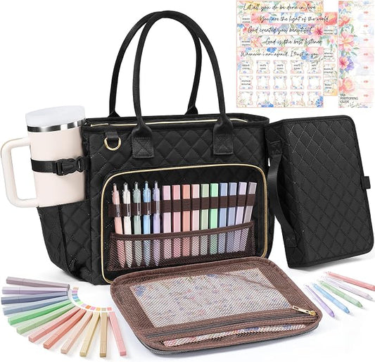 Large Bible Bag with Bible Cover Case for Women, Quilted Church Tote Bag Carrying Case w/Shoulder Strap, Bible Study Supplies Journaling Kit Accessories, Christian Gift for Women Mom Friends Teacher