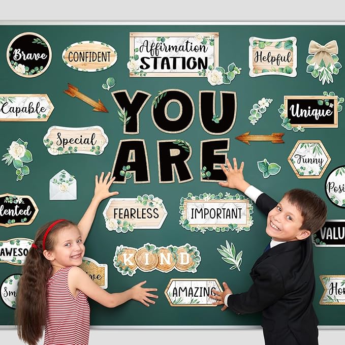 45 Pcs Eucalyptus Affirmation Station Bulletin Board Set Motivational Posters Classroom Mirror Growth Mindset Decor Positive Affirmations Accents Cutouts for School Office Home Teacher Wall
