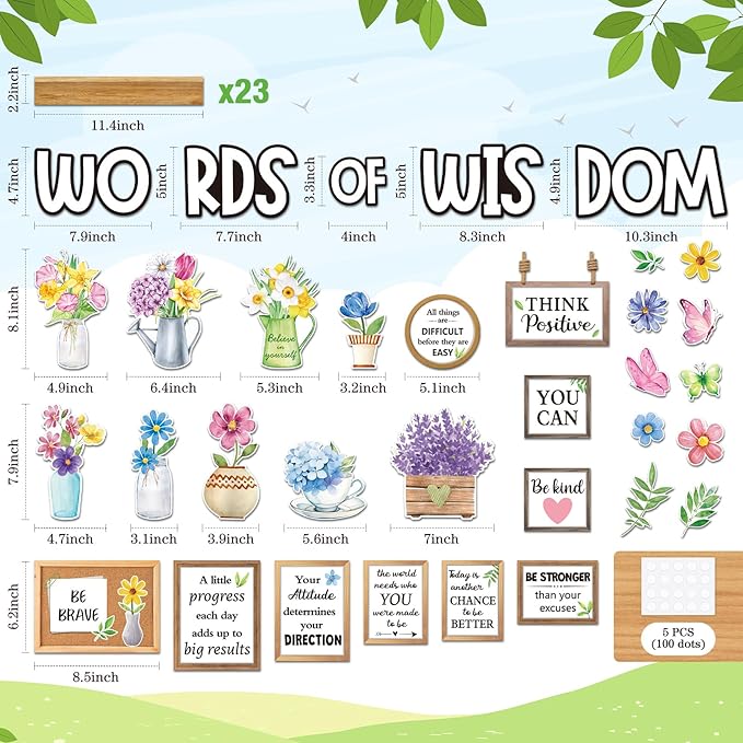 Mooliwe 57 Pcs Spring Bulletin Board Set Inspirational Flower Bulletin Board Decoration Positive Cutout Classroom Decoration for School Office Home Teacher Classroom Wall Supplies