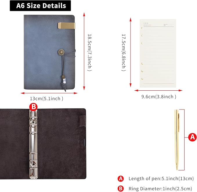 Wonderpool Leather Journal Lined Paper Notebook & Pen - Refillable 6 Ring Binder Writing Spiral Diary with Ruled Notepads Vintage Cover for Office Travel Work and Plan Agenda (A6, a-Mist blue)