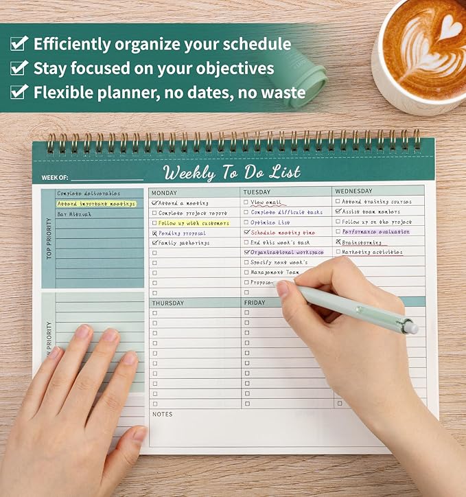 104 Pgs Weekly To Do List Notepad, 52 Duplex-Printed Undated Sheets 100 GSM（8.5"×11") Weekly Desk Planner For Work Home School Office Desk Accessories Supplies & Goal Setting Tasks - Green