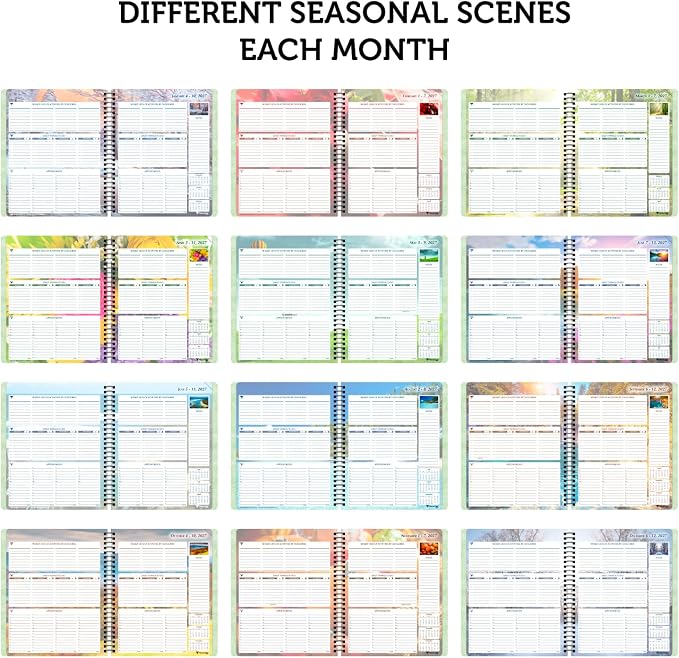 Planner Pad Spiral Bound January-December 2027/ Calender Year 6 3/4" x 8 1/2" Medium 3-Tier Funnel Down 12 Month Organizer, Seasonal Color Ink