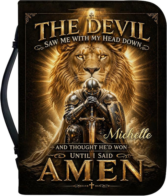 Personalized Man of God Bible Cover for Men, Christian PU Leather Bible Case with Handle Zipper, God Says I Am Warrior Scripture Bible Holder, Religious Gift for Men (Knee Before God)