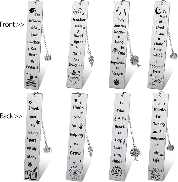 Zonon 4 Pcs Metal Bookmarks End of Year Teacher Gifts Graduation Book Page Marker with Pendants Thank You Gifts for Teacher Appreciation Women Instructor Birthday Reading Lovers Office(Stylish Style)