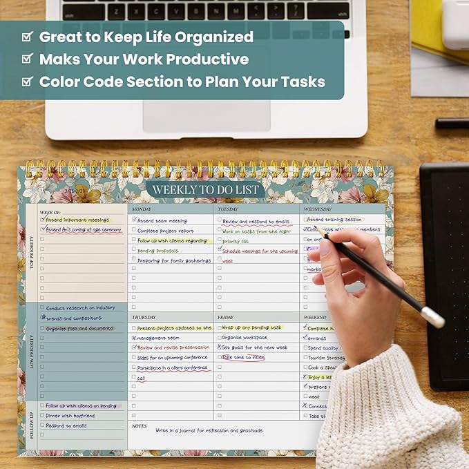Weekly To Do List Notepad with 52 Undated Sheets（8.5"×11"）- Undated Weekly Planner Notepad for Office Desk Accessories and Supplies - Teal Petals